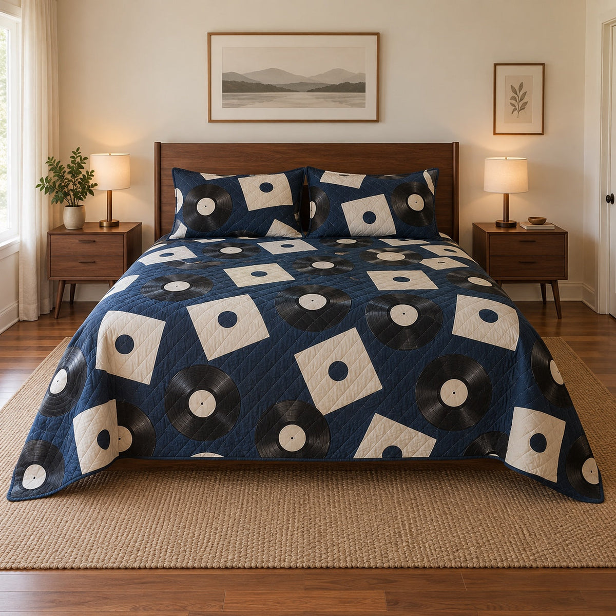 Midnight Records Vinyl Record Collecting Quilt Set, front vinyl record collecting bedroom view
