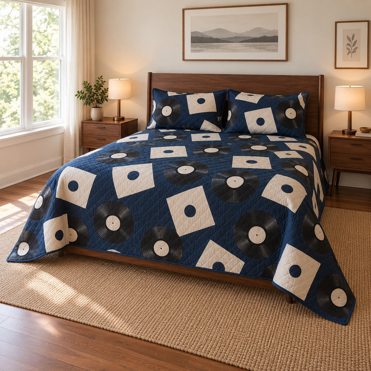 Midnight Records Vinyl Record Collecting Quilt Set, angled vinyl record collecting bedroom view