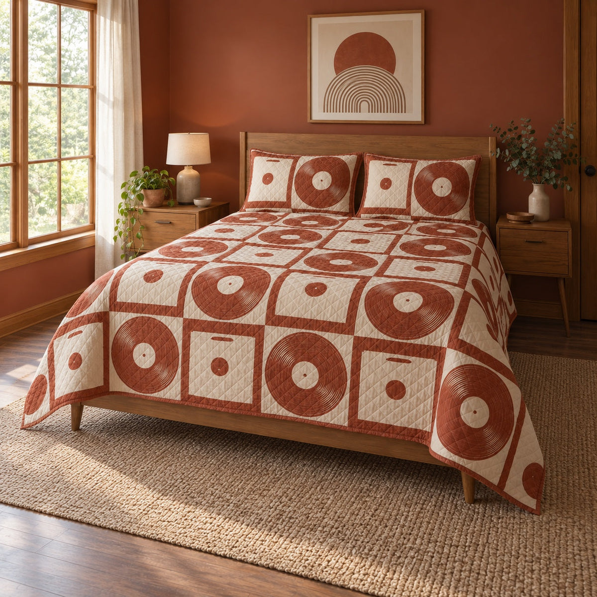 Retro Grooves Vinyl Record Collecting Quilt Set, angled vinyl record collecting bedroom view