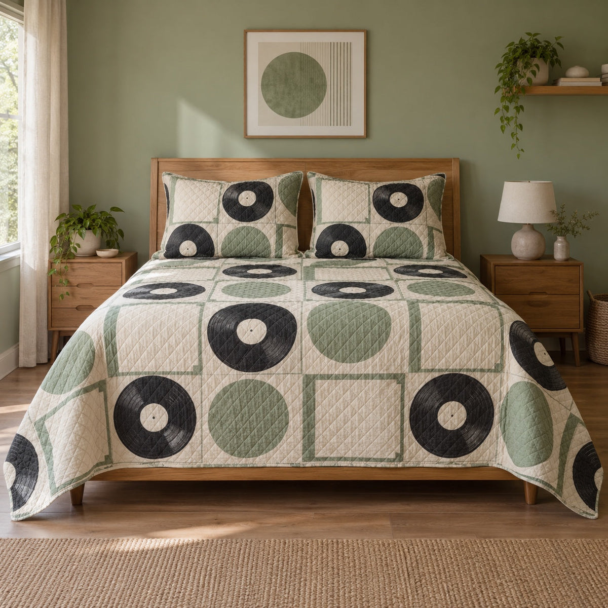 Sage Spin Vinyl Record Collecting Quilt Set, front vinyl record collecting bedroom view