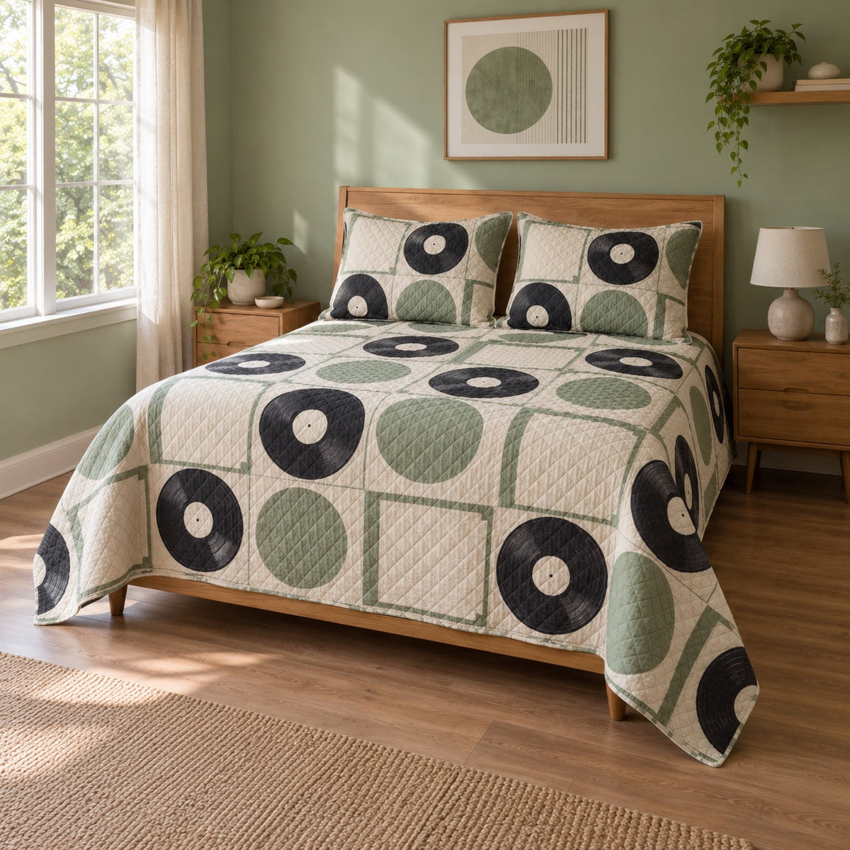 Sage Spin Vinyl Record Collecting Quilt Set, angled vinyl record collecting bedroom view