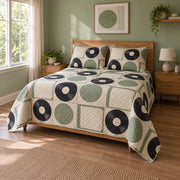 Sage Spin Vinyl Record Collecting Quilt Set, angled vinyl record collecting bedroom view