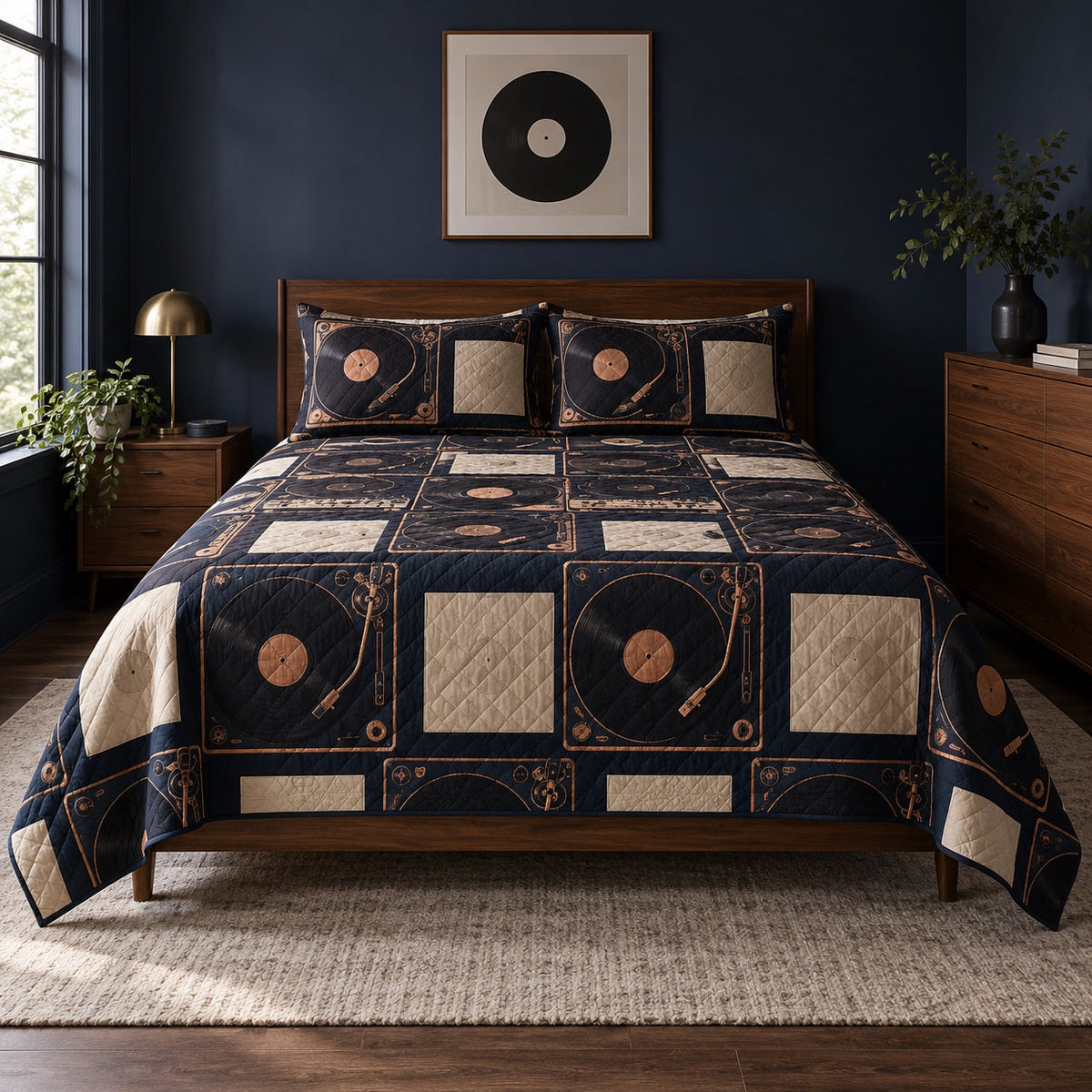 Copper Turntable Vinyl Record Collecting Quilt Set, front vinyl record collecting bedroom view