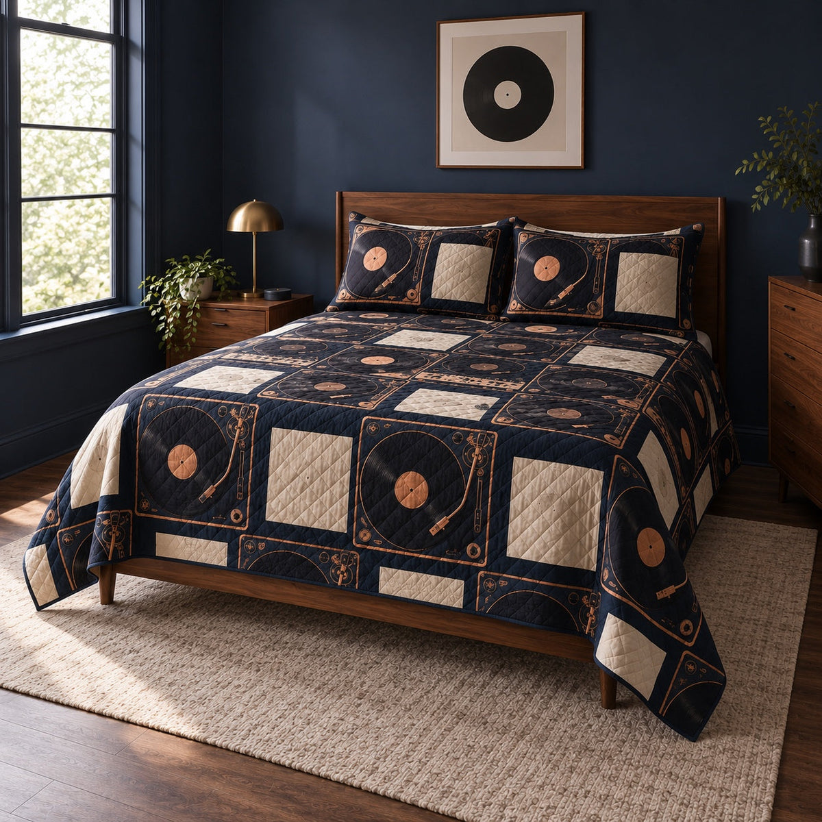 Copper Turntable Vinyl Record Collecting Quilt Set, angled vinyl record collecting bedroom view