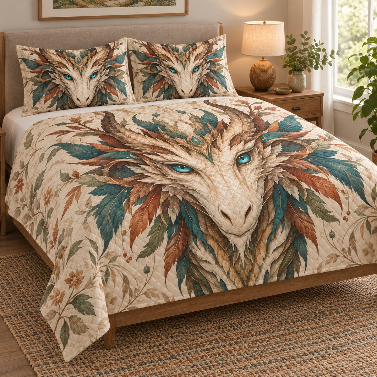 Boho Feather Dragon Fantasy Quilt Set: angled bedroom view showing the quilt artwork and coordinating shams