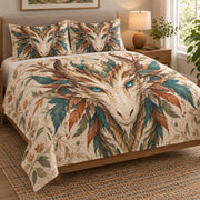 Boho Feather Dragon Fantasy Quilt Set: angled bedroom view showing the quilt artwork and coordinating shams
