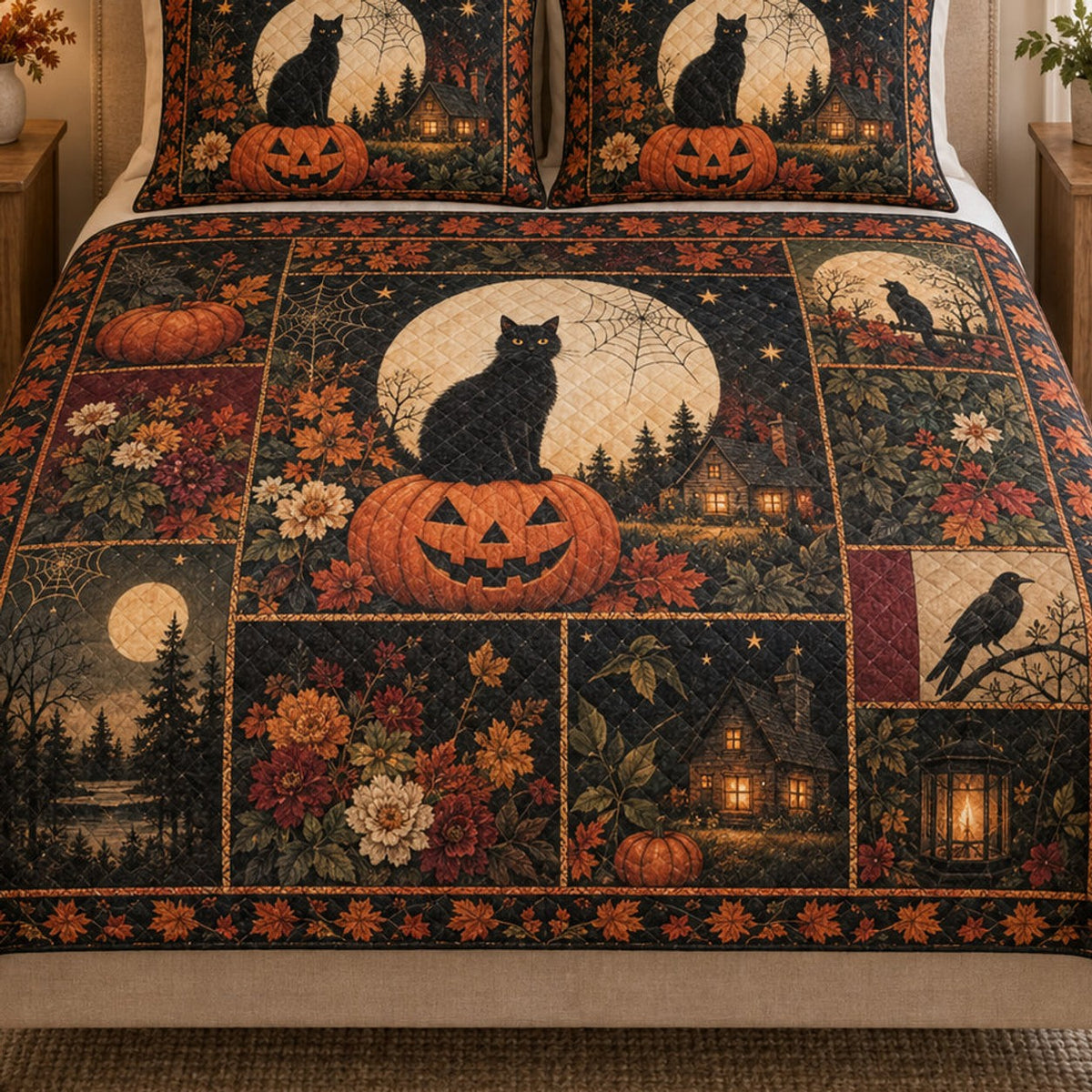 Close view of the Halloween Black Cat Pumpkin quilt artwork and two matching shams