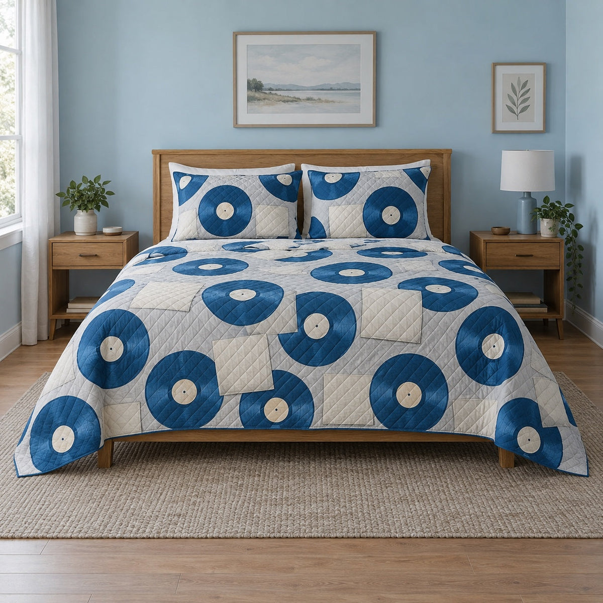 Blue Vinyl Vinyl Record Collecting Quilt Set, front vinyl record collecting bedroom view