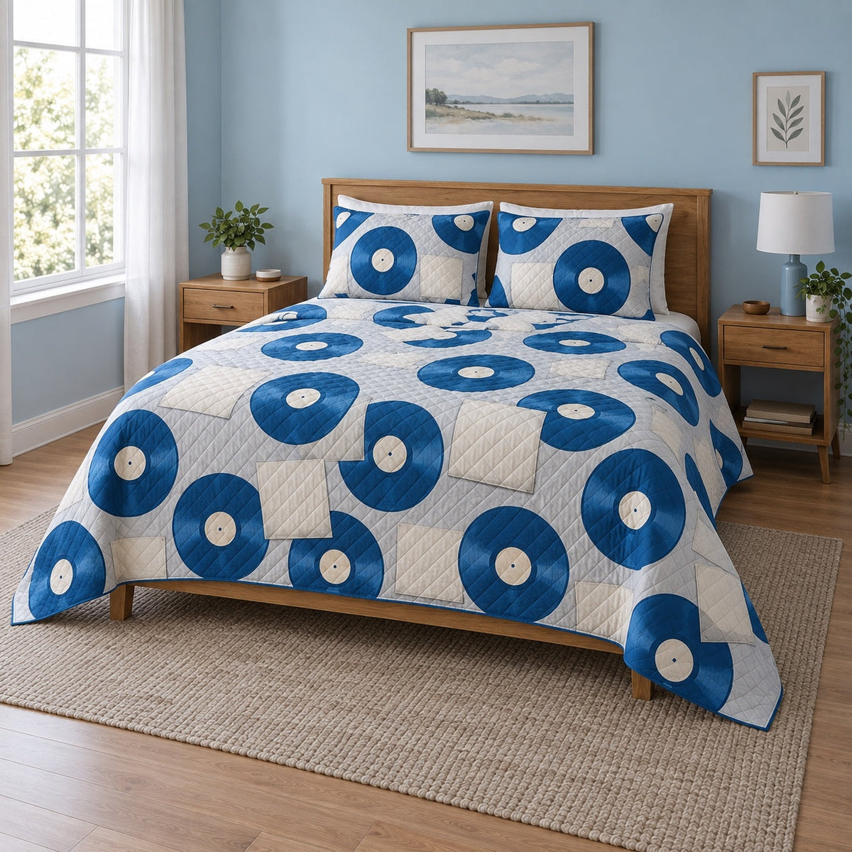 Blue Vinyl Vinyl Record Collecting Quilt Set, angled vinyl record collecting bedroom view