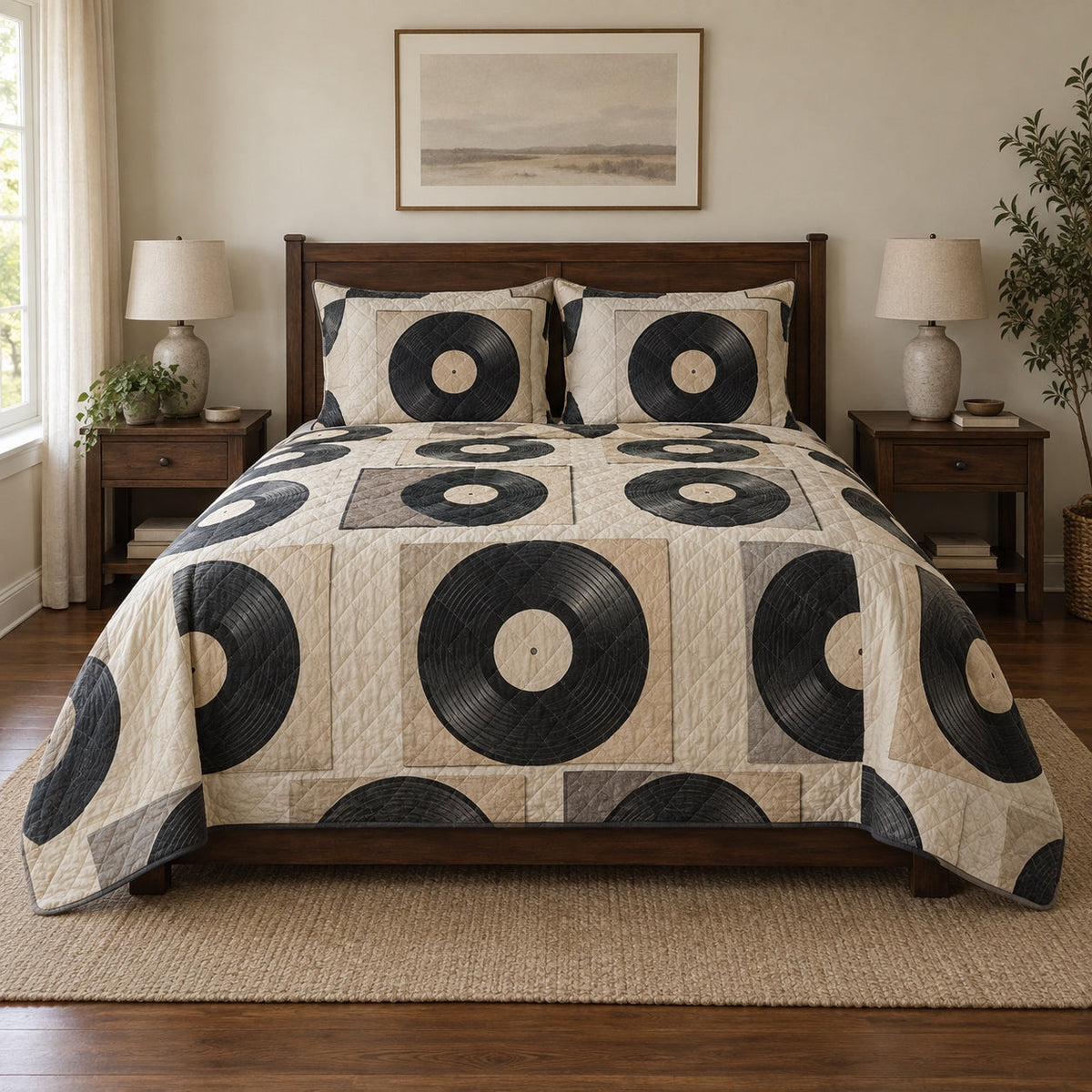Quiet Grooves Vinyl Record Collecting Quilt Set, front vinyl record collecting bedroom view