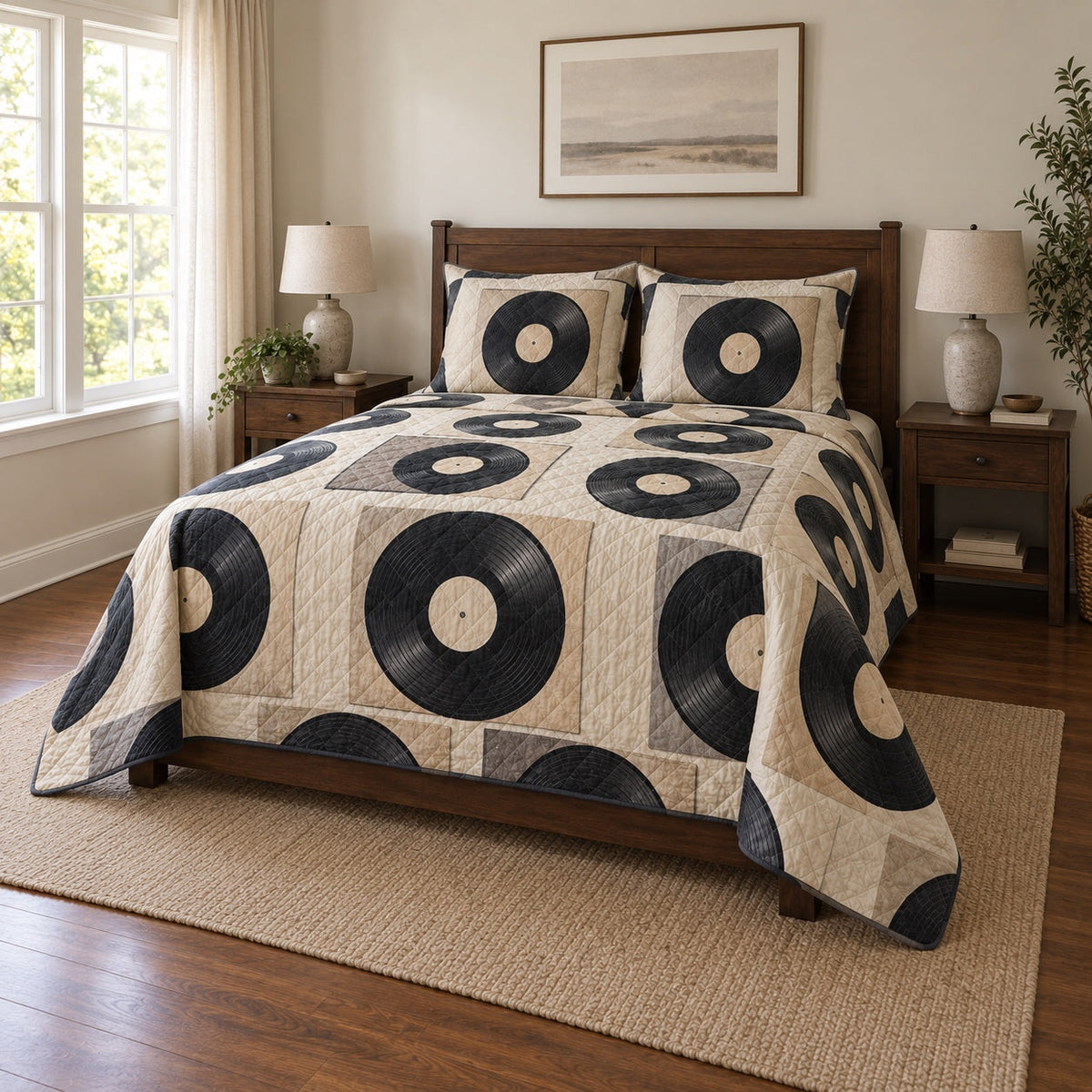 Quiet Grooves Vinyl Record Collecting Quilt Set, angled vinyl record collecting bedroom view