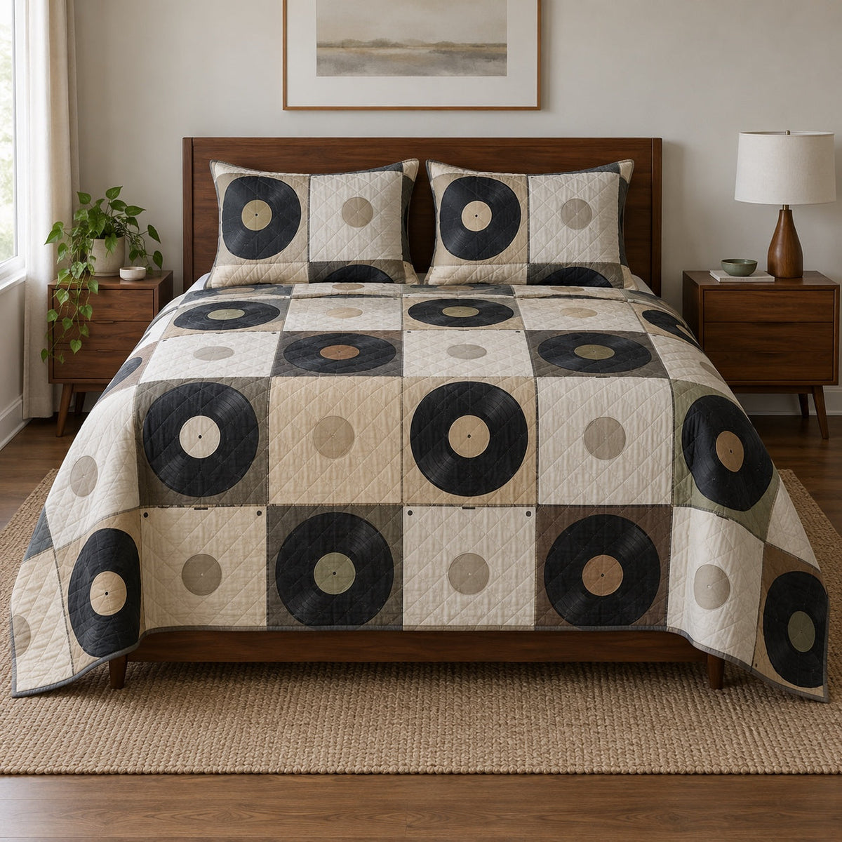 Record Shelf Vinyl Record Collecting Quilt Set, front vinyl record collecting bedroom view