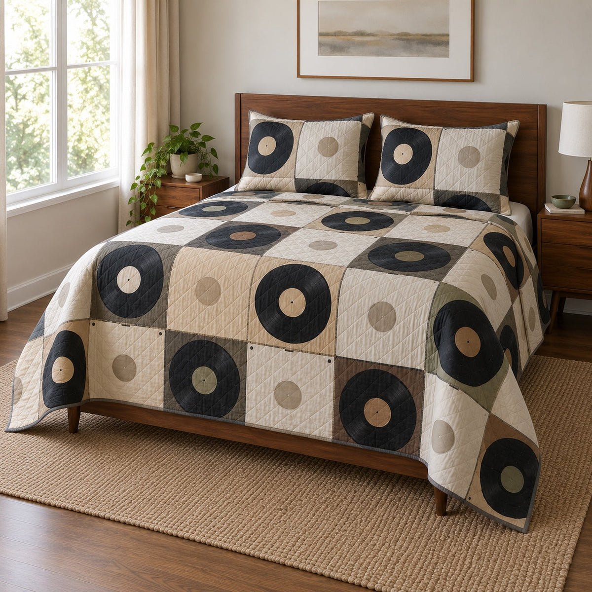 Record Shelf Vinyl Record Collecting Quilt Set, angled vinyl record collecting bedroom view