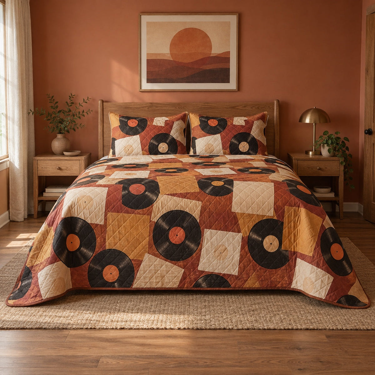 Sunset Spin Vinyl Record Collecting Quilt Set, front vinyl record collecting bedroom view