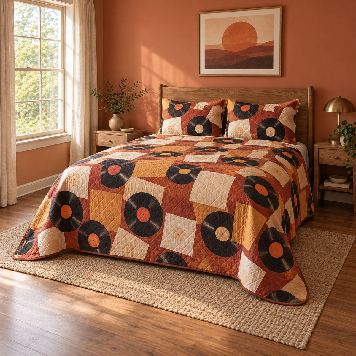 Sunset Spin Vinyl Record Collecting Quilt Set, angled vinyl record collecting bedroom view