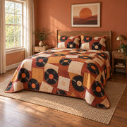 Sunset Spin Vinyl Record Collecting Quilt Set, angled vinyl record collecting bedroom view