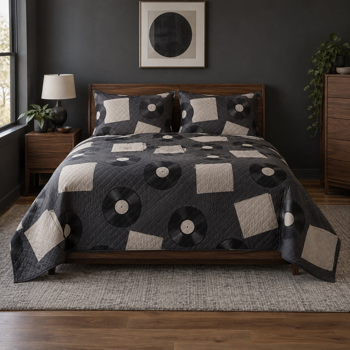Charcoal Collection Vinyl Record Collecting Quilt Set, front vinyl record collecting bedroom view