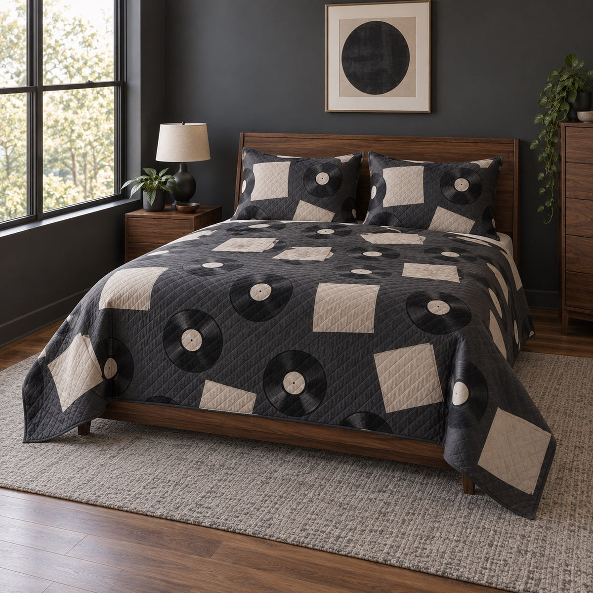 Charcoal Collection Vinyl Record Collecting Quilt Set, angled vinyl record collecting bedroom view