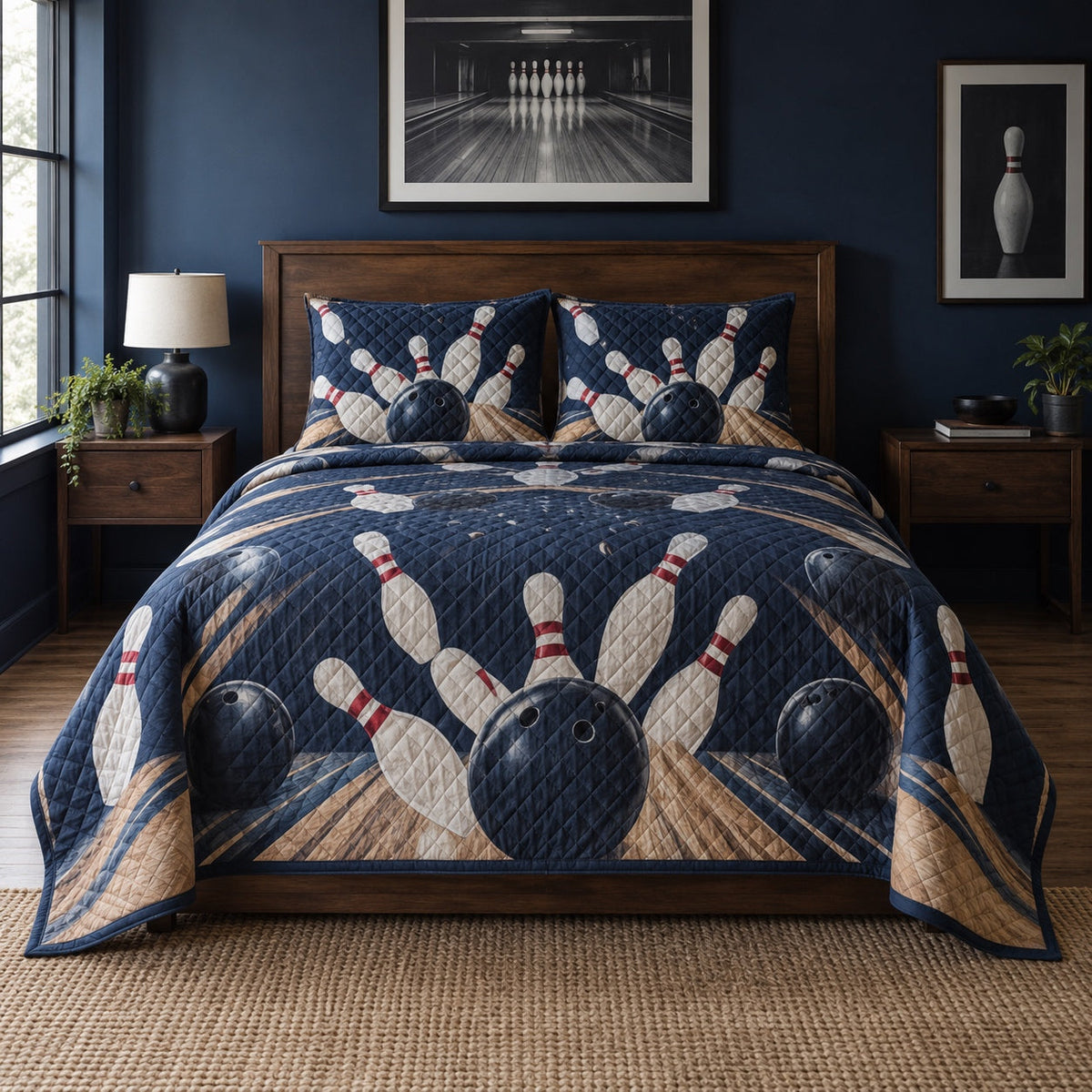 Midnight Strike Bowling Quilt Set, front bowling bedroom view