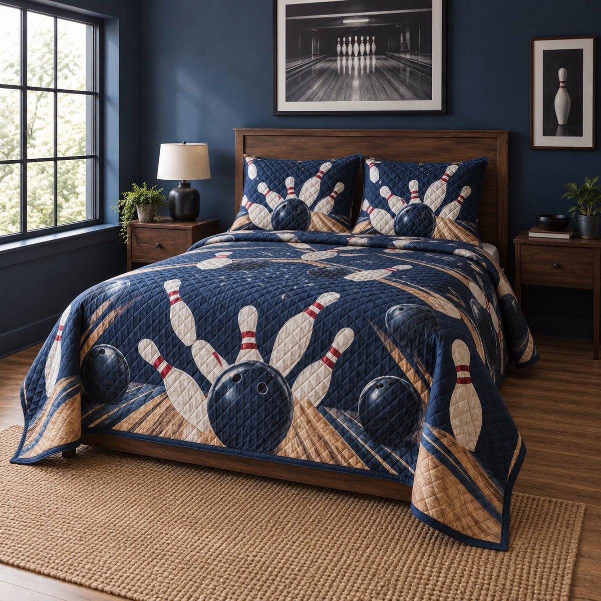 Midnight Strike Bowling Quilt Set, angled bowling bedroom view