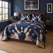 Midnight Strike Bowling Quilt Set, angled bowling bedroom view