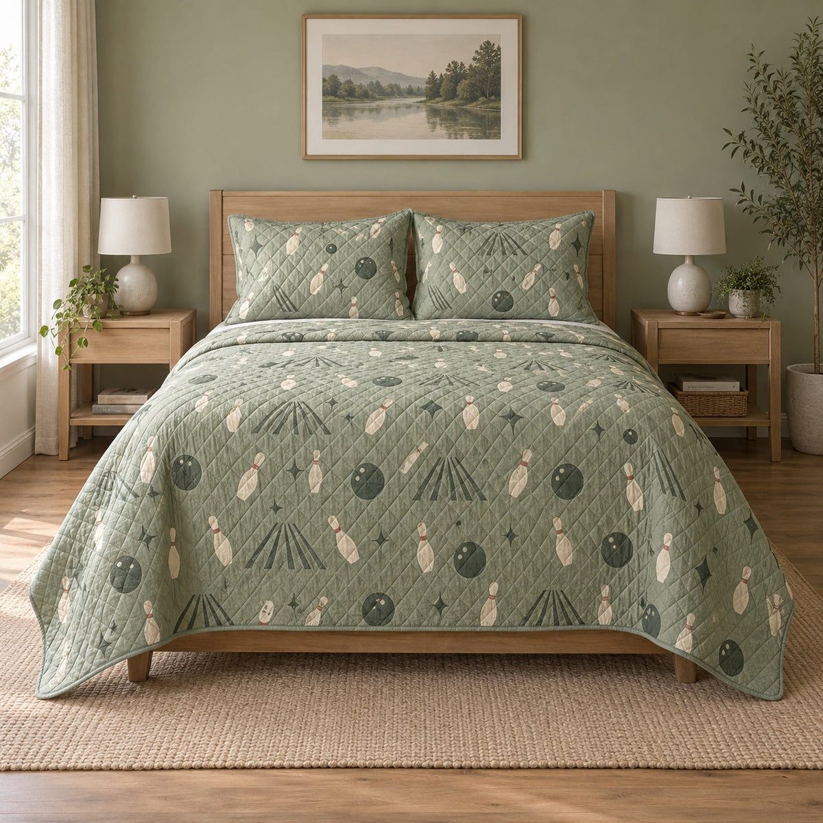Sage Bowling Bowling Quilt Set, front bowling bedroom view