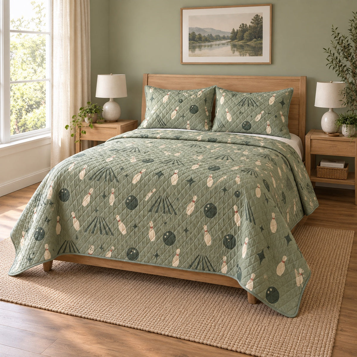 Sage Bowling Bowling Quilt Set, angled bowling bedroom view