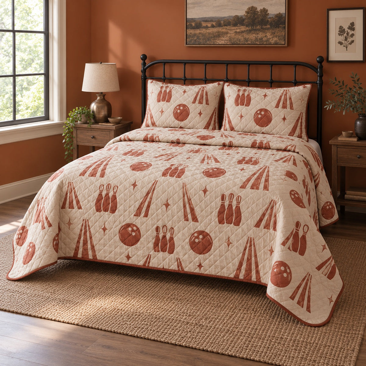 Retro Lanes Bowling Quilt Set, angled bowling bedroom view