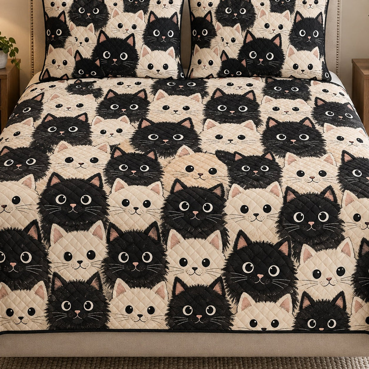 Close view of the Black & White Cat quilt artwork and two matching shams