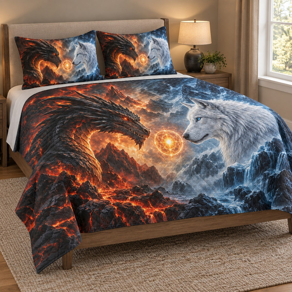 Dragon Wolf Fire Ice Quilt Set: angled bedroom view showing the quilt artwork and coordinating shams