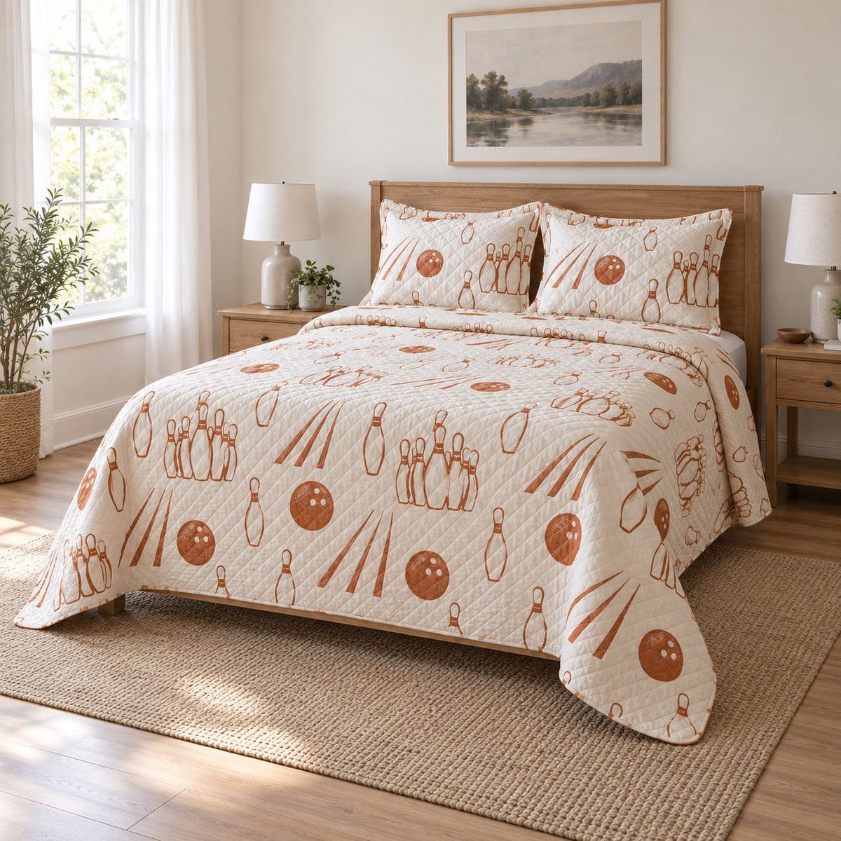 Copper Pins Bowling Quilt Set, angled bowling bedroom view