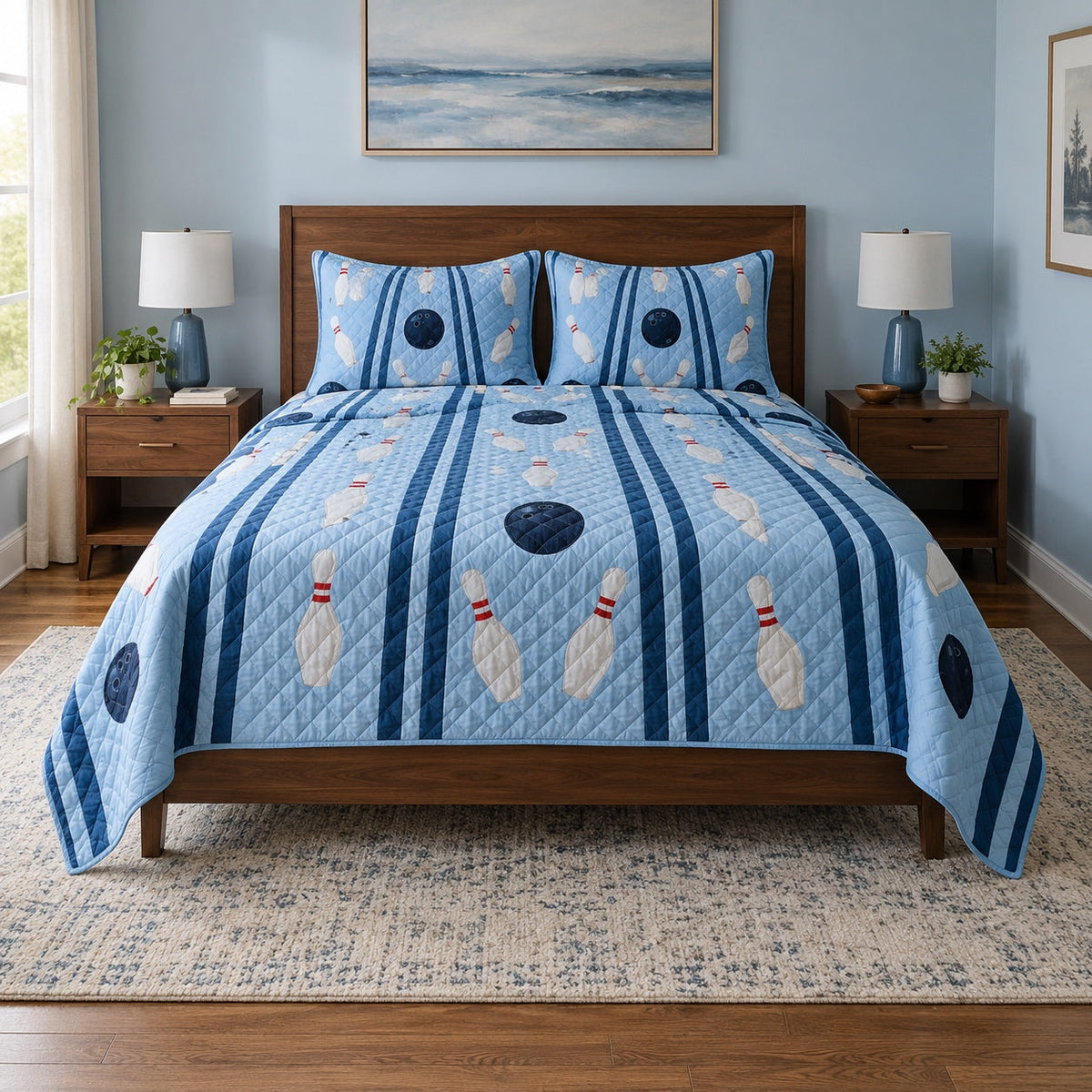 Blue Alley Bowling Quilt Set, front bowling bedroom view