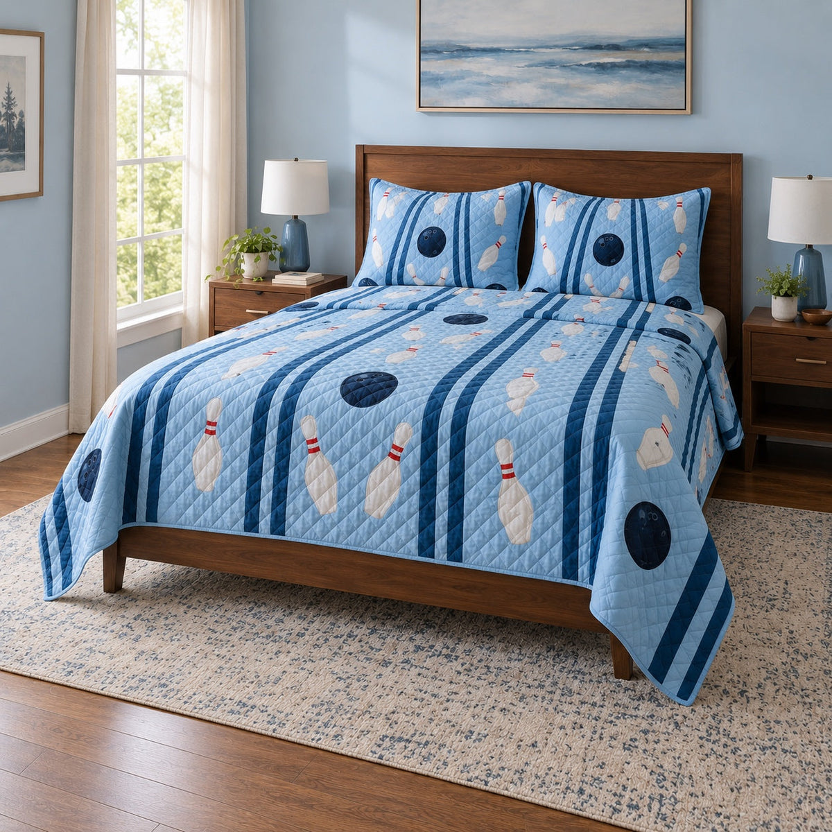 Blue Alley Bowling Quilt Set, angled bowling bedroom view
