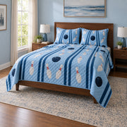 Blue Alley Bowling Quilt Set, angled bowling bedroom view
