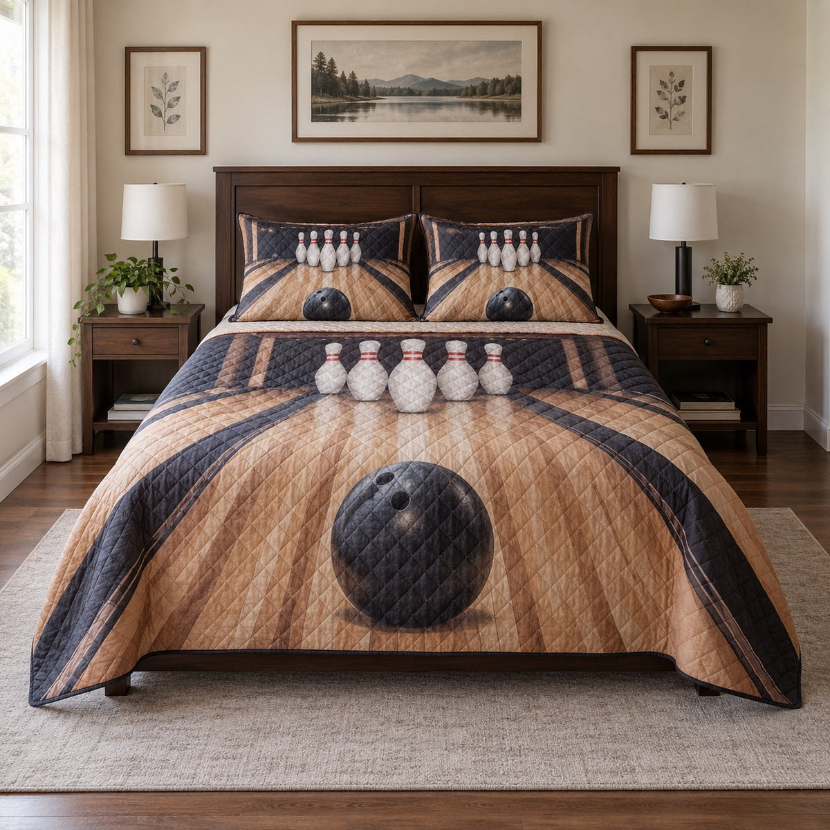 Walnut Lane Bowling Quilt Set, front bowling bedroom view