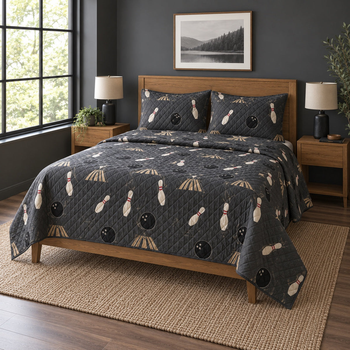 Charcoal Roll Bowling Quilt Set, angled bowling bedroom view