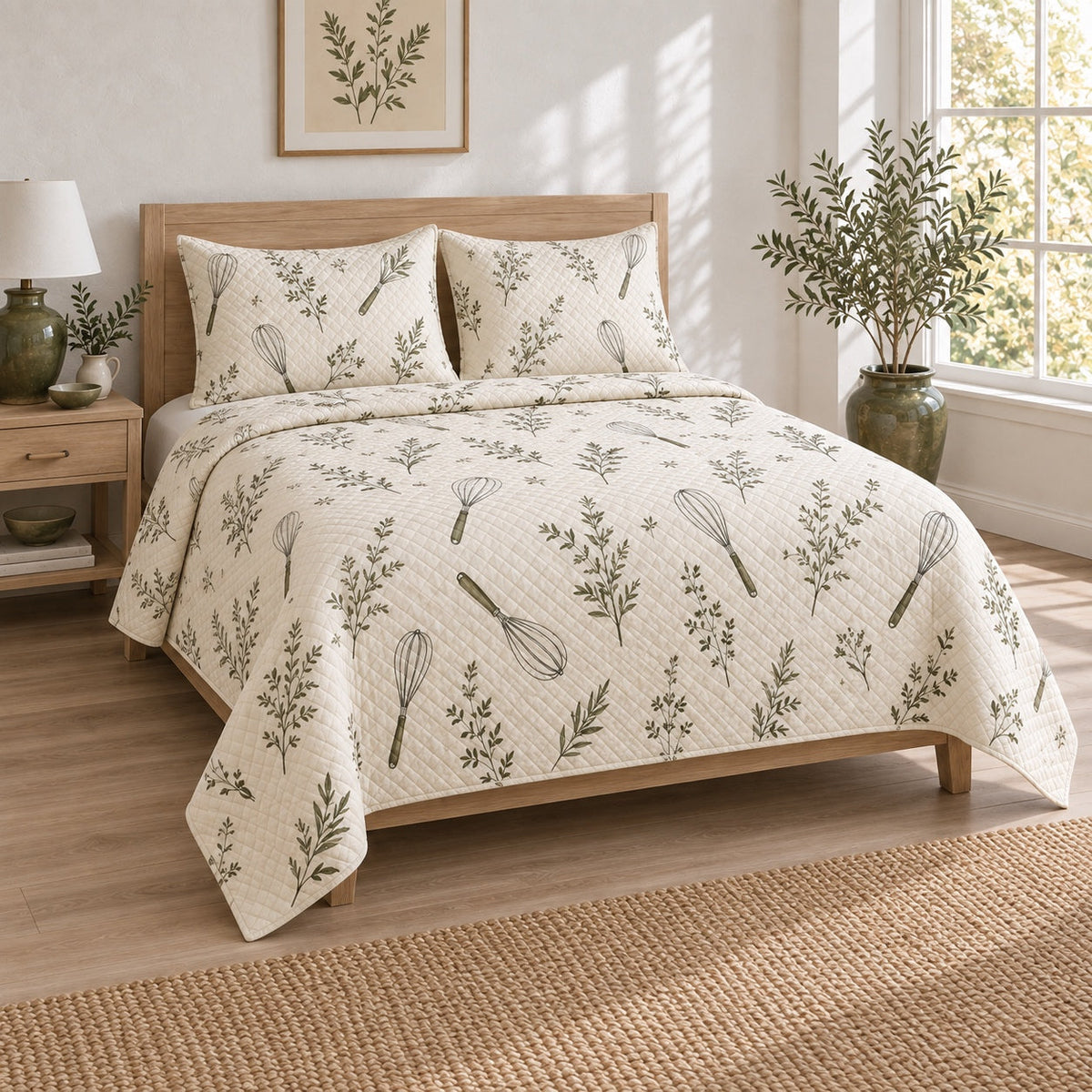 Whisk and Herb Chef Quilt Set, angled chef bedroom view