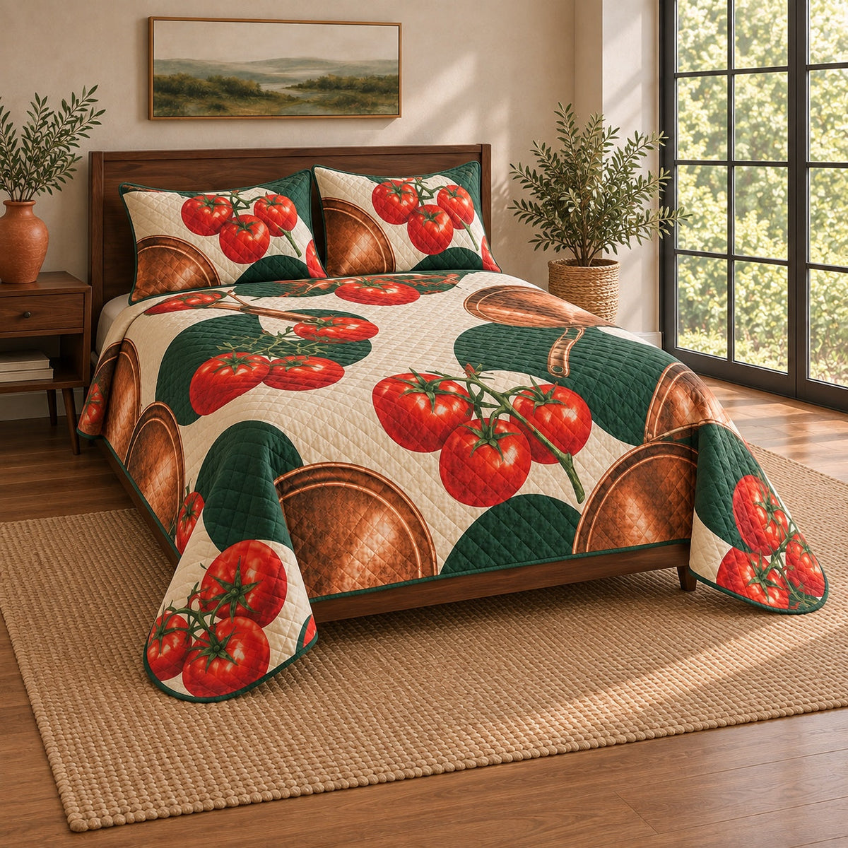 Tomato Copper Chef Quilt Set, angled chef bedroom view
