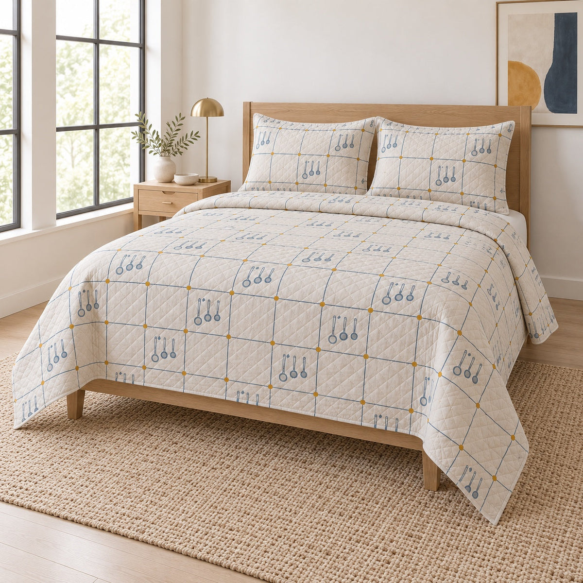 Recipe Grid Chef Quilt Set, angled chef bedroom view