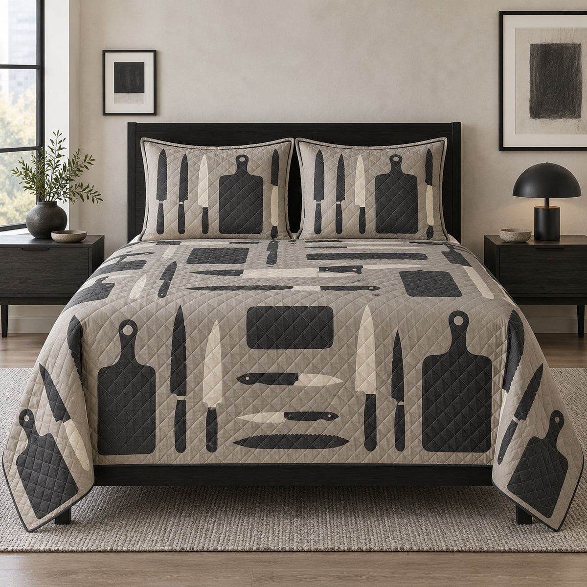 Knife Study Chef Quilt Set, front chef bedroom view