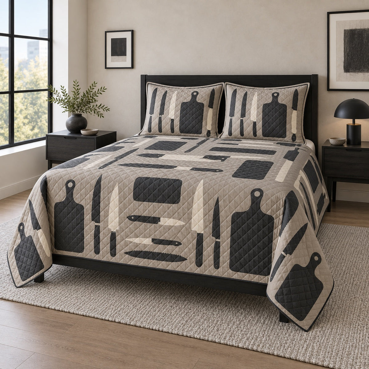 Knife Study Chef Quilt Set, angled chef bedroom view
