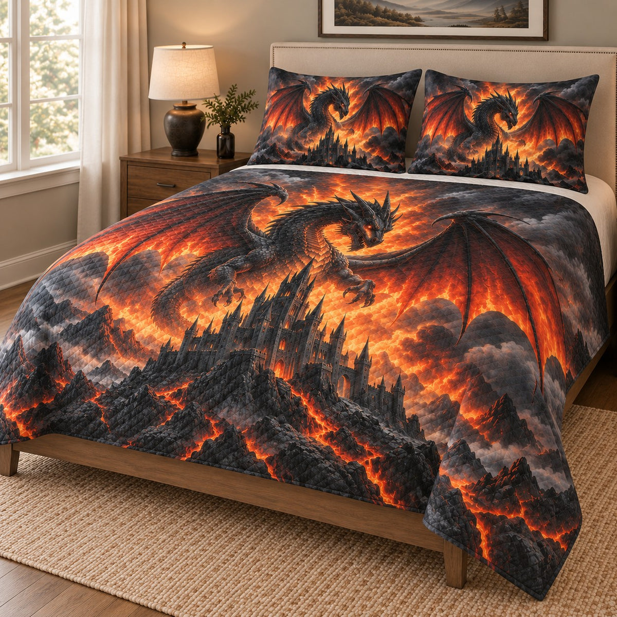 Fire Dragon Castle Fantasy Quilt Set: angled bedroom view showing the quilt artwork and coordinating shams