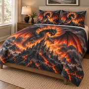 Fire Dragon Castle Fantasy Quilt Set: angled bedroom view showing the quilt artwork and coordinating shams
