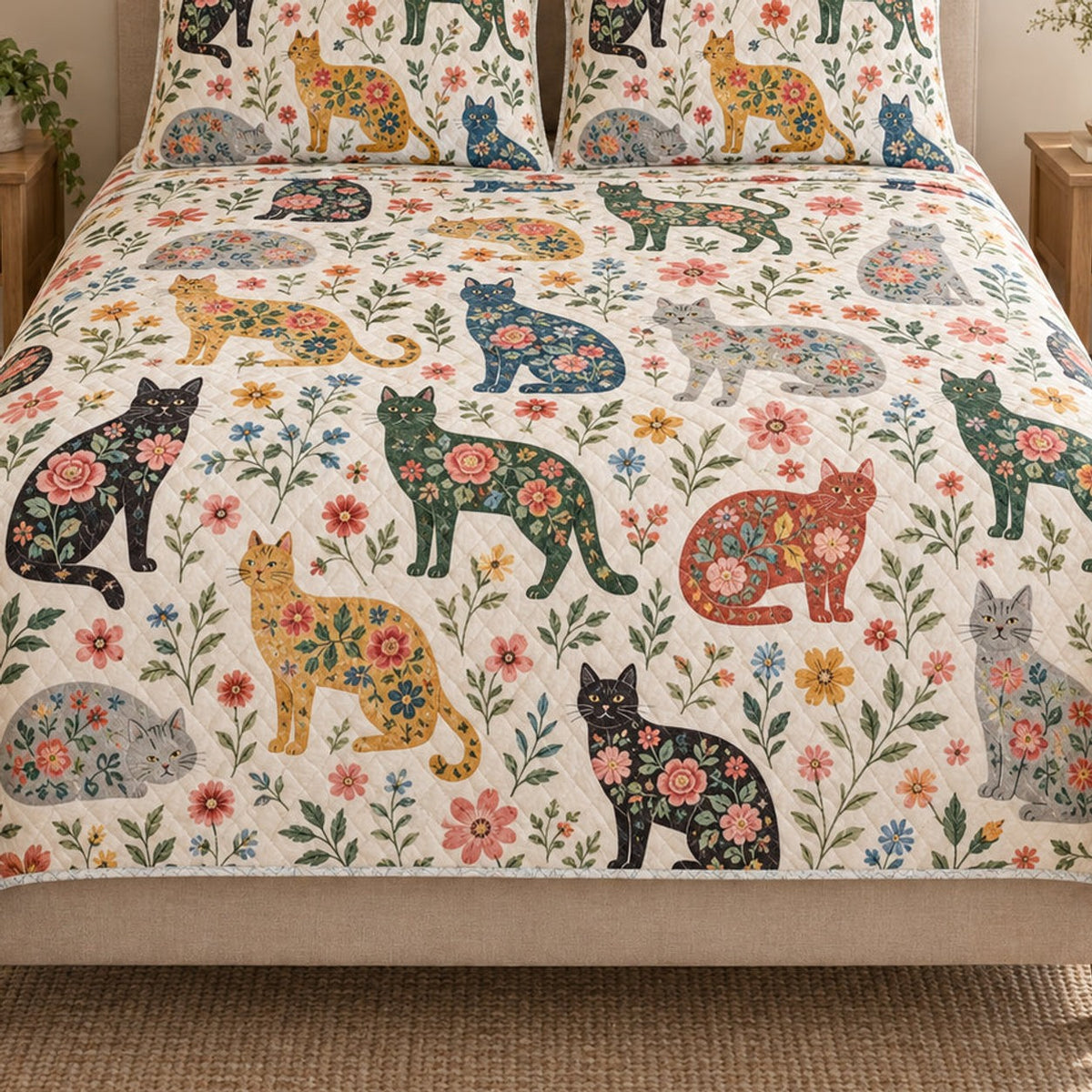Close view of the Black Cat Floral Folk Art quilt artwork and two matching shams