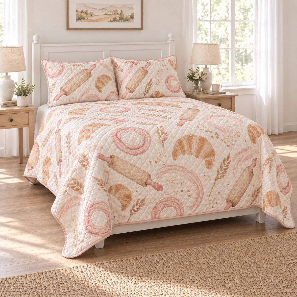Bakery Morning Chef Quilt Set, angled chef bedroom view