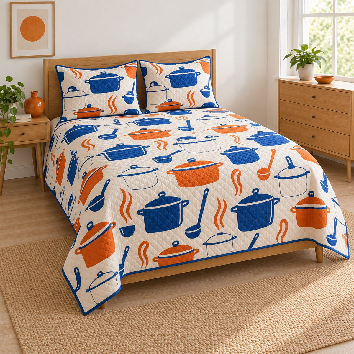 Blue Enamel Chef Quilt Set, angled chef bedroom view