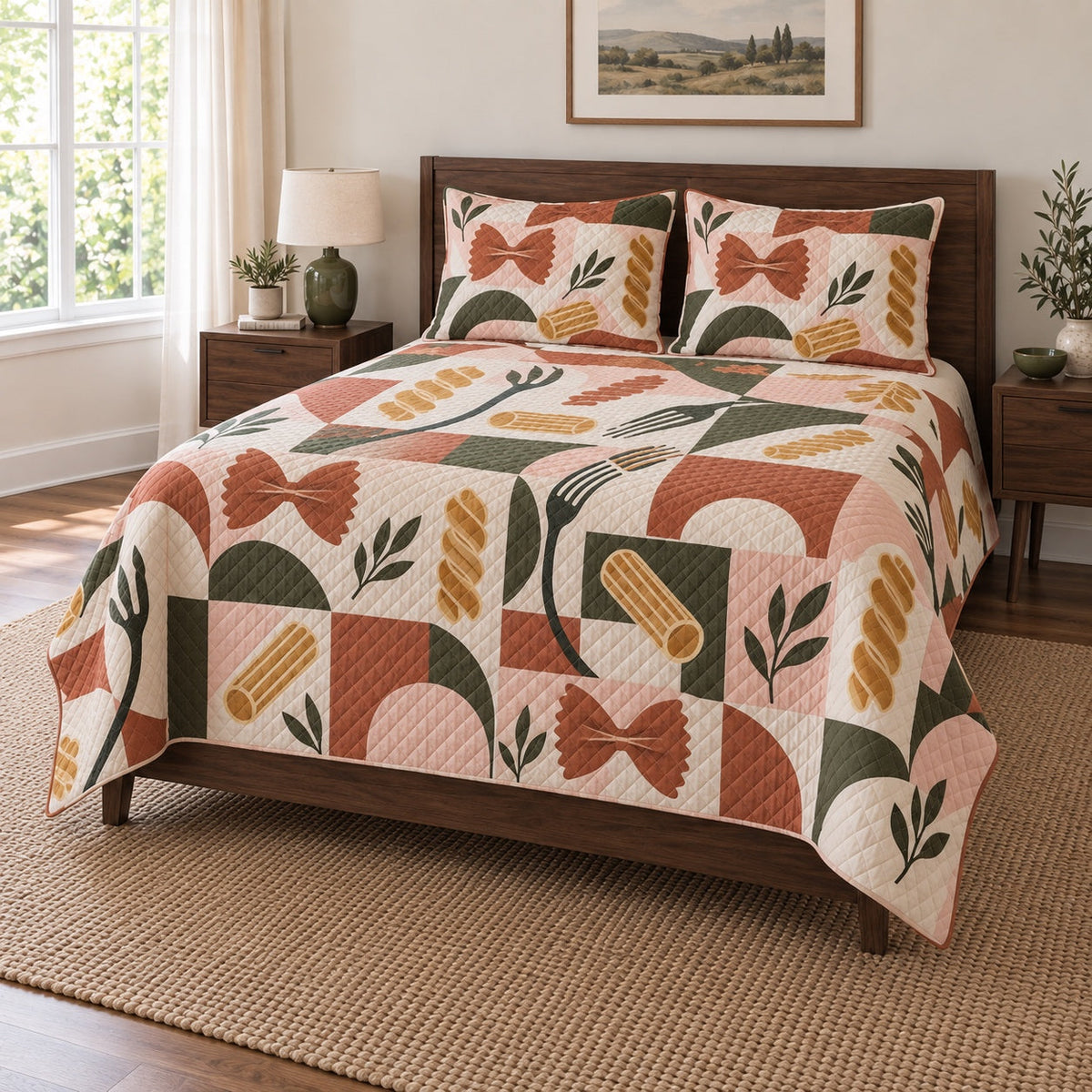 Pasta Geometry Chef Quilt Set, angled chef bedroom view