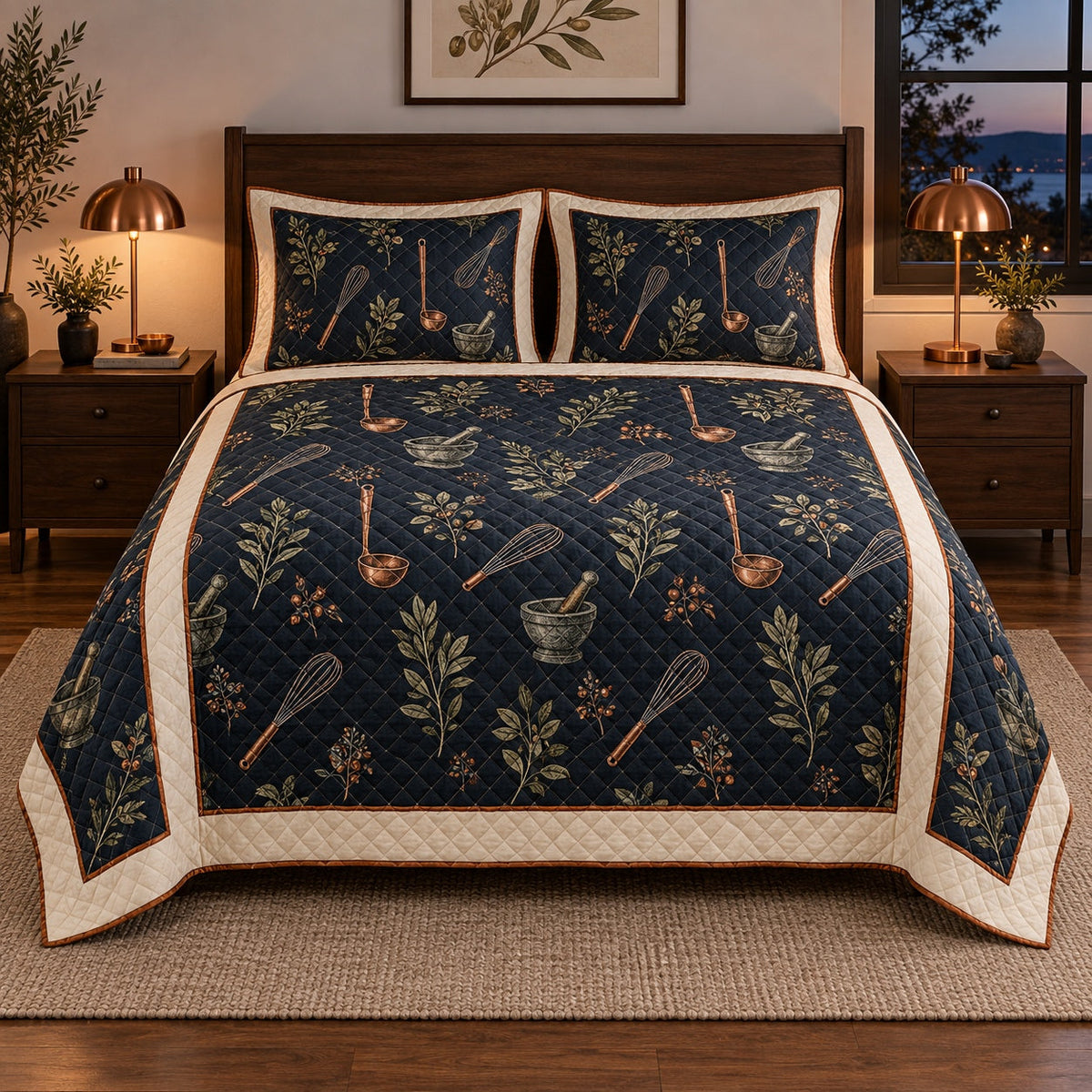 Midnight Atelier Chef Quilt Set, front chef bedroom view
