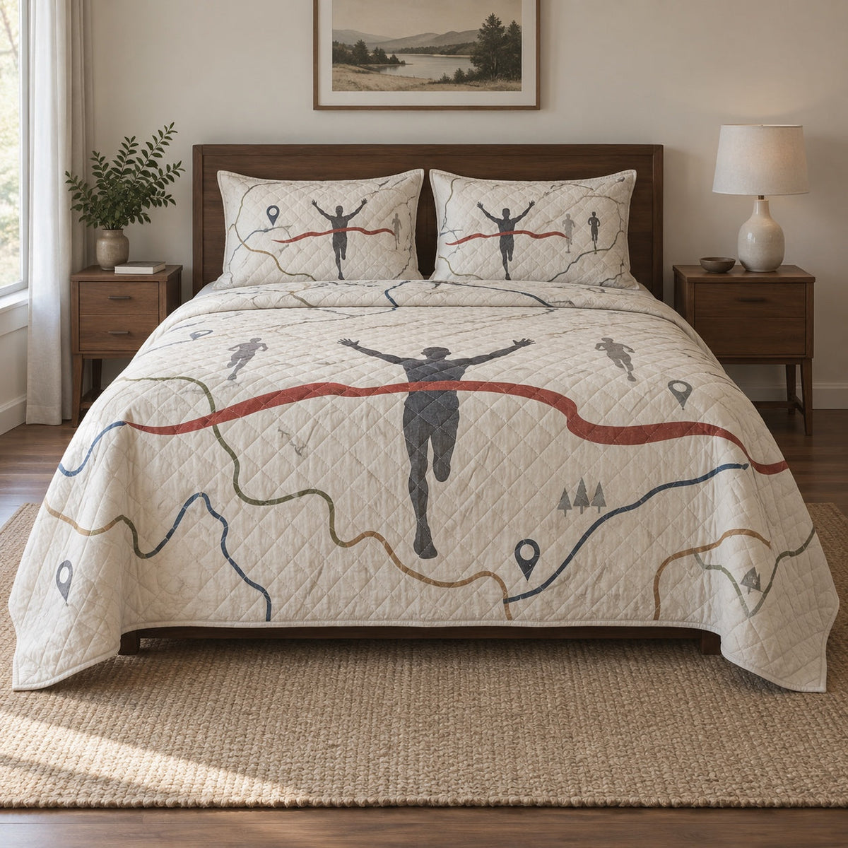 Finish Line Marathon Running Quilt Set, front marathon running bedroom view