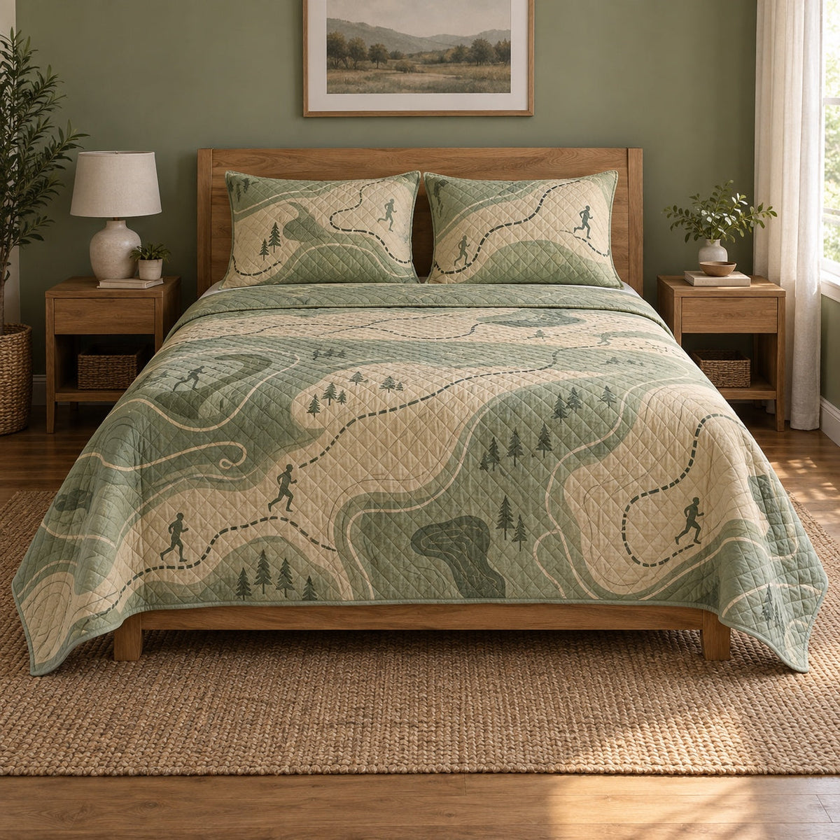 Route Study Marathon Running Quilt Set, front marathon running bedroom view